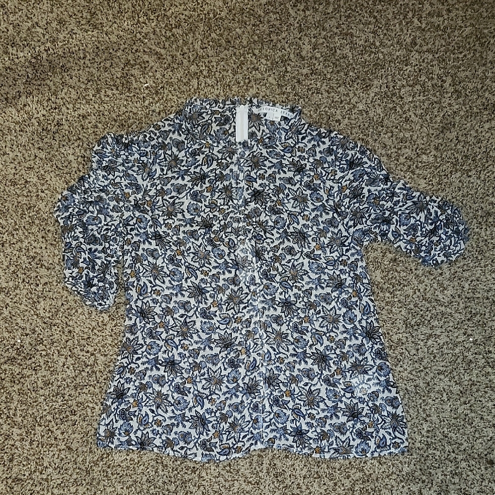 Veronica Beard Paisley Ruffle Top in Blue and Cream